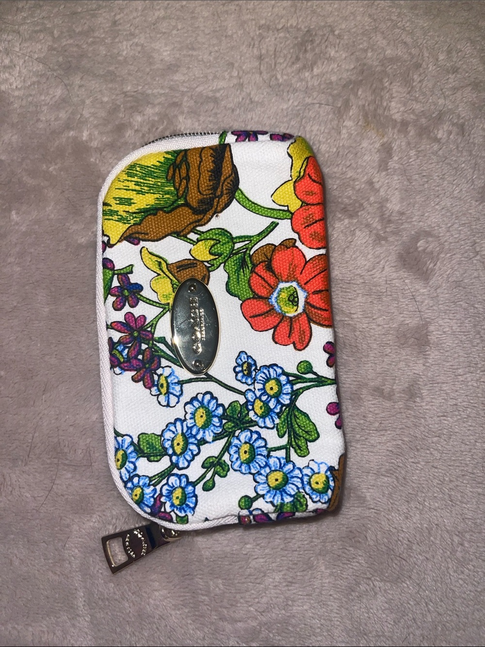 Floral Zip Pouch Small Wristlet - White with Orange & Purple Flowers